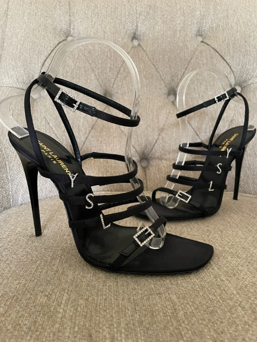 Saint Laurent Jerry Sandals Black Satin Rhinestone YSL Heels EU39 US9 NIB - Picture 3 of 16